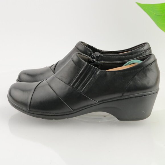 Clark Womens Channing Essa Bootie Size 7.5 Black Leather Loafer Wedge Heel Clogs - Picture 5 of 12